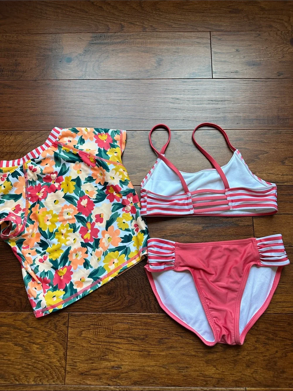 art class Girls Floral Blue Tropical and Coral Stripe Swim Set